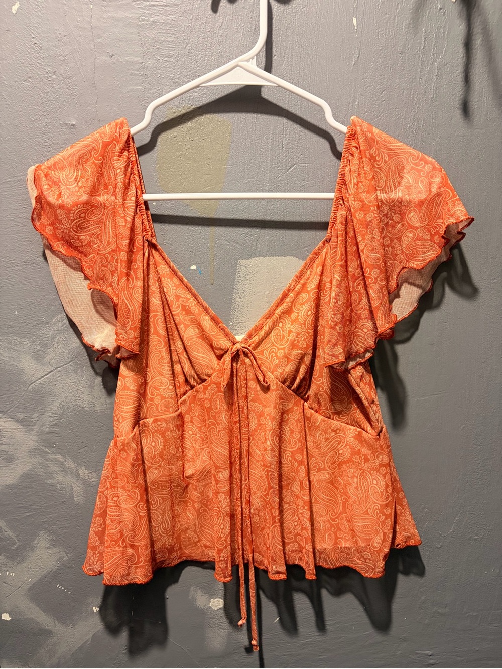 See You Monday Orange Paisley Tie-Front Flutter Sleeve Top